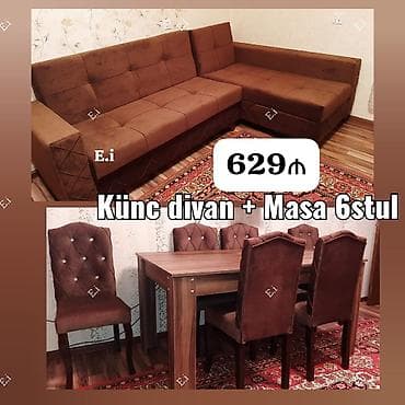 ustolar: Künc divan + Masa və 6 stul dəsti - Künc divan: qəhvəyi rəngdə — 1