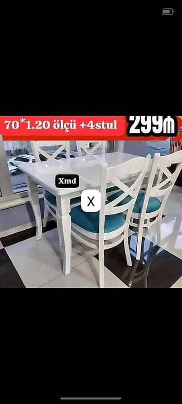 Mətbəx/dinləmə otağı üçün masa və 4 ədəd stul dəsti. - Ölçü: 70 × 120
