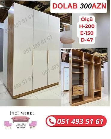Yeni, 3 qapılı, Siyirməli, Ağ, Digər material, Açılan, Düz dolab