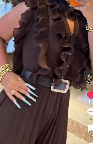 Qəhvəyi rəngdə, elegant uzun paltar-jumpsuit dizaynı: - Üst hissə — 4