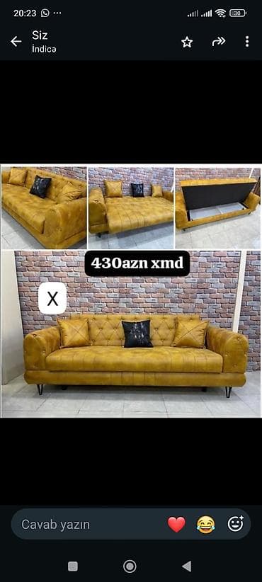 krep parca: - Məhsul: 3 nəfərlik yumşaq otaq divanı - Rəng: Xardal/sarı ton - — 1