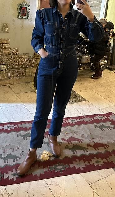 Qadınlar üçün denim kombinezon - Parça: qalın, klassik tünd-mavi