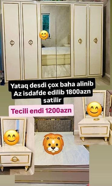 Yataq otağı dəsti – krem rəngli, qızılı dekorlu klassik dizayn