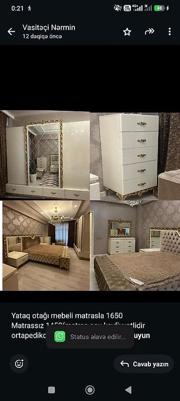 Yataq otağı mebeli matrasla 1650 Matrassız 1450(matras çox