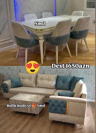 Dəst mebel paketi – 1650 AZN Tərkibi: - Yemək masası + 6 stul - Künc