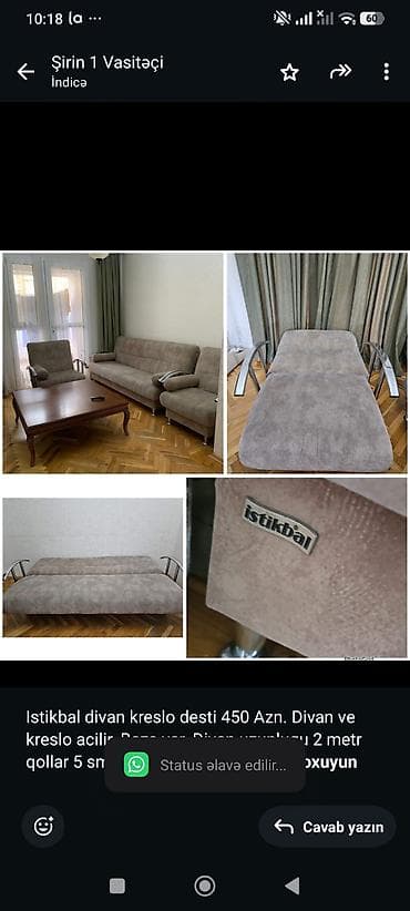 Istikbal divan kreslo desti 450 Azn. Divan ve kreslo acilir. Baza var