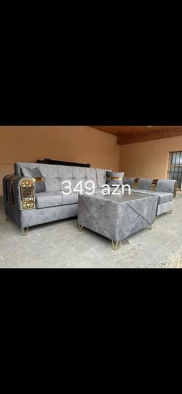 divan dəstləri: Boz rəngli müasir yumşaq mebel dəsti: - L‑şəkilli künc divan, qol — 1