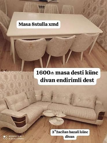 ev ucun dekor: Masa dəsti və künc divan paketi - Masa: 8 ədəd stulla birlikdə, zərif — 1
