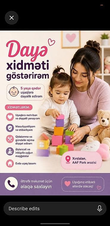 baxcada daye: Xırdalan, AAF Park ərazisində dayə xidməti göstərilir. 5 yaşa qədər — 1
