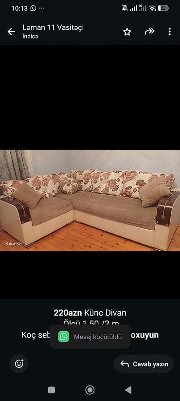Мебель: *220azn* Künc Divan Ölçü 1.50 /2 m Köç sebebi ile satılır Unvan Qobu — 1