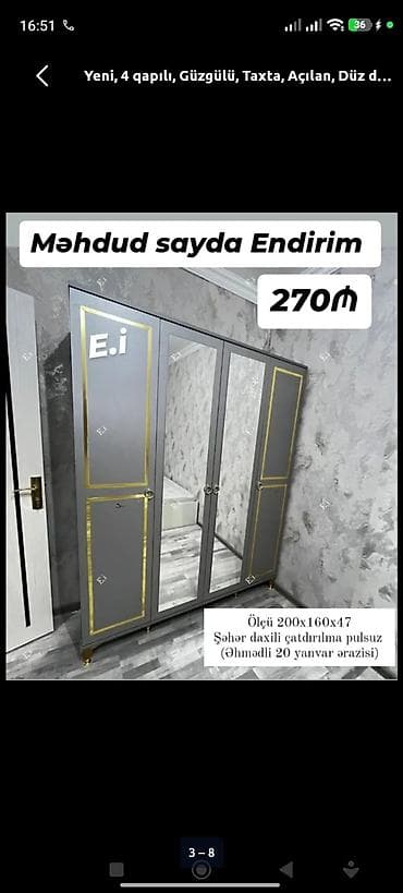 taxt doweyi: Yeni, 4 qapılı, Güzgülü, Boz, Taxta, Açılan, Düz dolab — 1