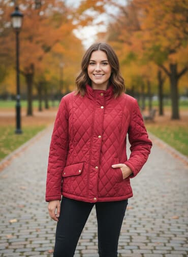 yüngül qadın gödəkçələri: Qadın üçün qırmızı rəngdə (romblı tikişli) yüngül gödəkçə. - Klassik — 1