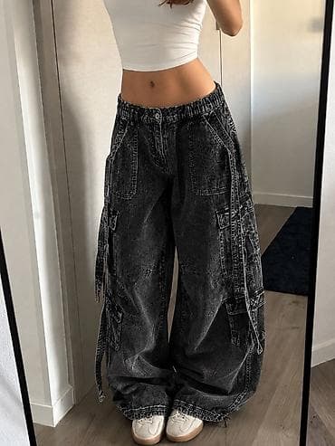 cins godəkcə: Unisex geniş kəsimli cargo cins şalvar - Rəng: tünd yuyulmuş/acid — 3