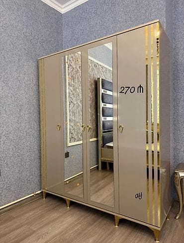 wfaner: - Müasir dizaynlı 4 qapılı qarderob - Rəng: bej-boz ton, qızılı dekor — 1