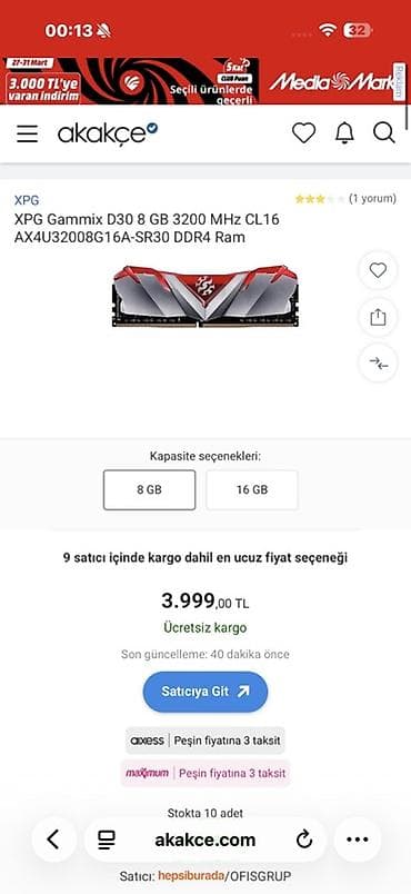 pc mikrafon: Operativ yaddaş (RAM) ADATA, 16 GB, 3200 Mhz, DDR4, PC üçün — 5