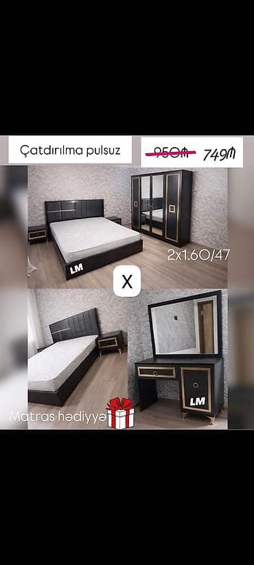 reception masa: Yataq otağı dəsti – modern dizayn, qara rəng və qızılı dekor xətləri — 1