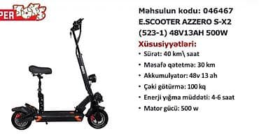 Elektrik nəqliyyatı: Elektrik skuter – E.Scooter AZZERO S-X2 (523-1) 48V 13Ah 500W — 2