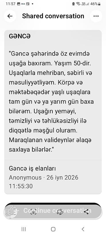 Няни, сиделки: Uşaq baxımı xidməti – Gəncə - Xidmət yeri: Gəncə şəhərində öz evim - — 1
