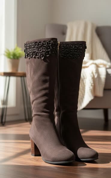 payiz ucun don modelleri: Qadın çəkmələri – qəhvəyi süet - Model: dizaltı, yumru burunlu - — 1