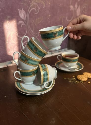 qab qurudan: Çay dəsti, rəng - Yaşıl, Farfor, 4 nəfərlik — 1