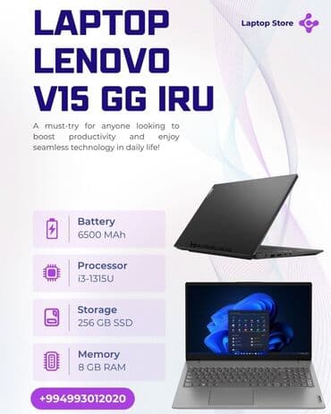 Lenovo: Yeni Lenovo 15.6 ", Intel Core i3, 256 GB, Ünvandan götürmə, Rayonlara çatdırılma, Ödənişli çatdırılma — 1