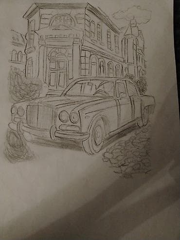 Qrafit qələm rəsmi – klassik avtomobil və tarixi bina kompozisiyası -
