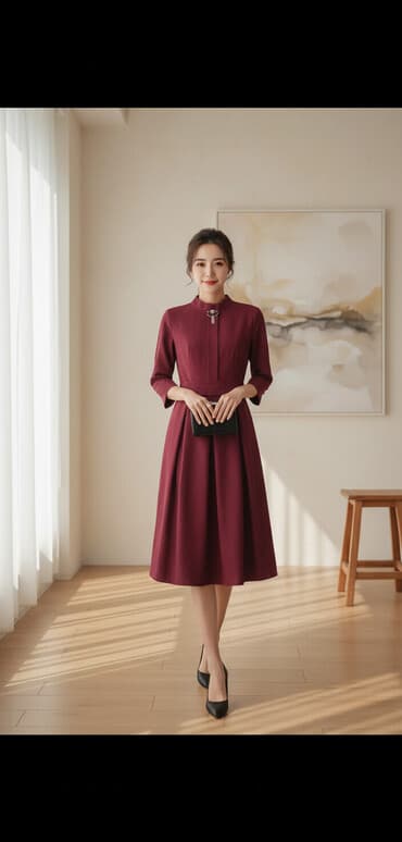 düyməli cins ətəklər: Bordo rəngli qadın donu - Model: yüksək yaxalı, yarı rəsmi/klassik — 1