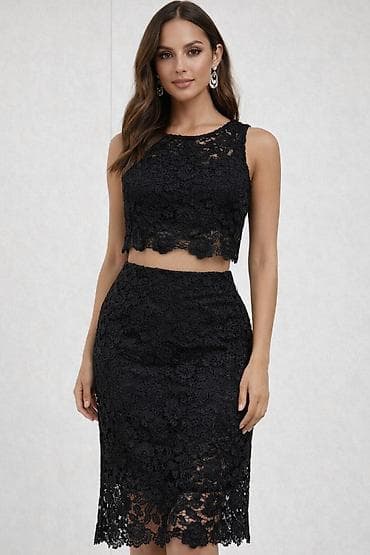 3 days krem: Qara iki hissəli dantelli dəst - Üst: qolsuz, dairəvi yaxalı, qısa — 1