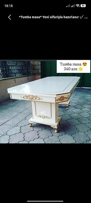 Tumba masa – klassik üslubda, ağ rəngdə, qızılı dekor elementləri ilə