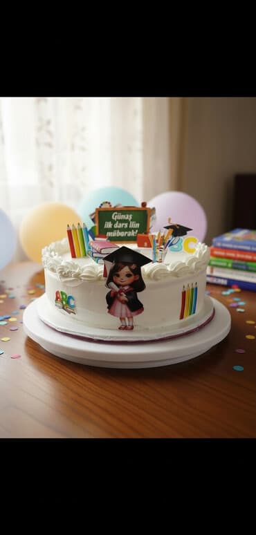 Məktəb mövzusunda bəzədilmiş tort - Ağ krem ilə örtülü, kənarları