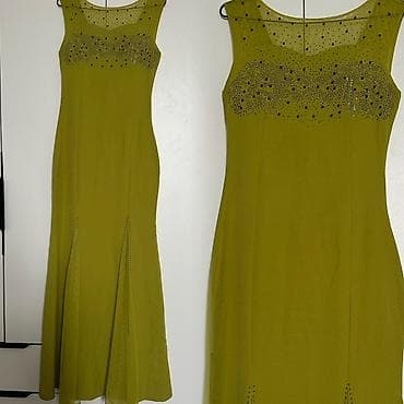 Zeytun-yaşıl rəngdə, zərif axıcı fakturalı uzun ziyafət/libas. -