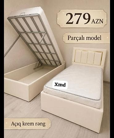 Açıq krem rəngdə, parçalardan ibarət model tək nəfərlik çarpayı. -