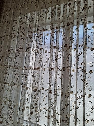 8 mart gullar: Qızılı naxışlı tül pərdə seti - Material: incə tor tül üzərində — 6