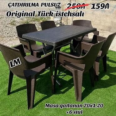 turk mebelleri: Yeni, Dördbucaq masa, 6 stul, Qatlanan, Stullar ilə, Həsir toxunuşlu, Türkiyə — 1