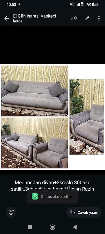 Merinosdan divan+2kreslo 300azn satilir. 3de açilir ve bazali.Ünvan