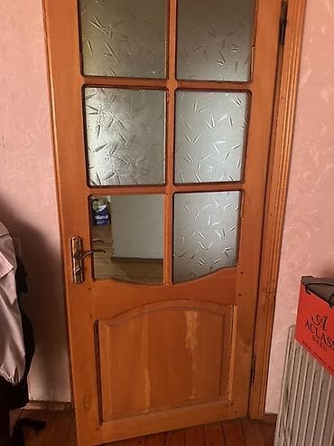 3d panel: Şüşəli taxta otaq qapıları dəsti - Material: təbii ağac (açıq qoz/şam — 2