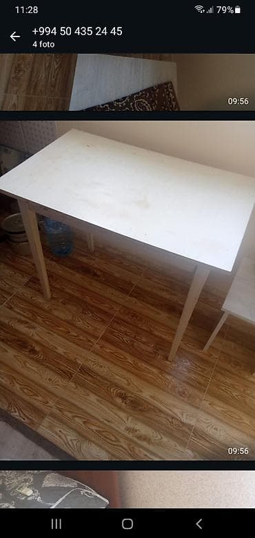 Ağ rəngli sadə masa. - Material: laminat/DTD üst səth, taxta ayaqlar
