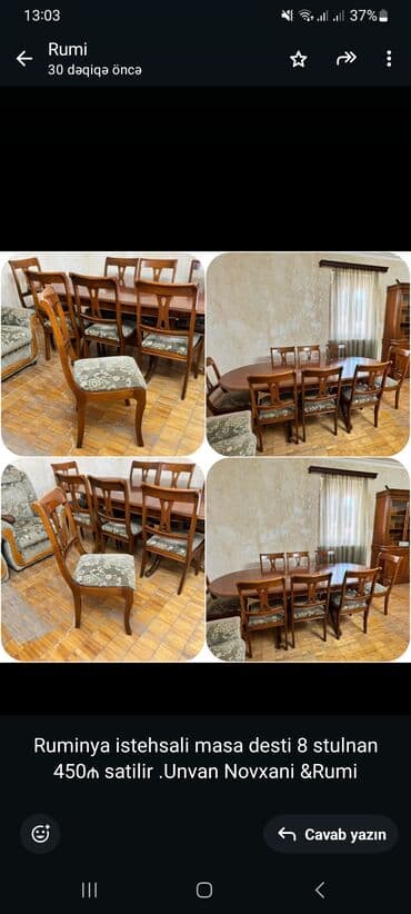 taburetka satilir: Qonaq otağı üçün, Açılmayan, Oval masa, 8 stul — 1