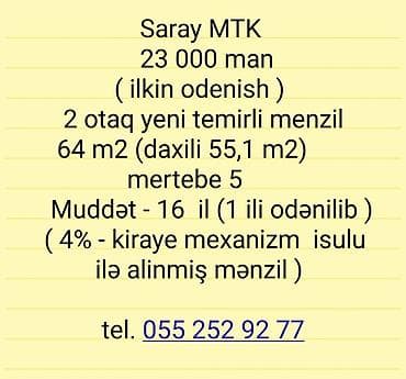 baki evleri qiymet: Saray MTK-də 2 otaqlı, yeni təmirli mənzil. - Ümumi sahə: 64 m² — 1