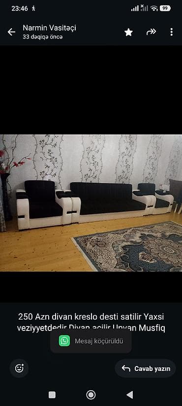 kemale nermin: 250 Azn divan kreslo desti satilir Yaxsi veziyyetdedir Divan acilir — 1