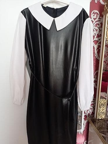 Qadın paltarı – qara dəri effekti ilə - Üst hissə: qara, parlaq dəri