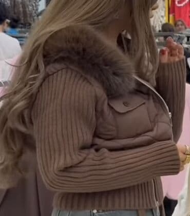 Qadınlar üçün qəhvəyi rəngdə qışlıq qısa jaket. - Material: ön hissə