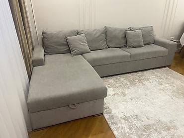 ucuz divanar: Boz rəngli künc divan (L‑şəkilli), geniş oturacaq və chaise bölməsi — 1