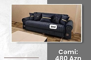 Tünd mavi rəngdə, modern dizaynlı 3 nəfərlik divan. Dərin şaquli