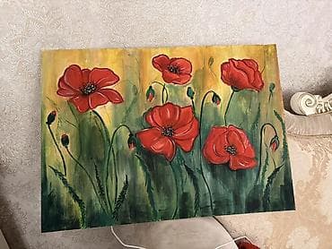 Əl işi rəsm əsəri – kətan üzərində qızılgül-xaşxaş motivli tablo. -