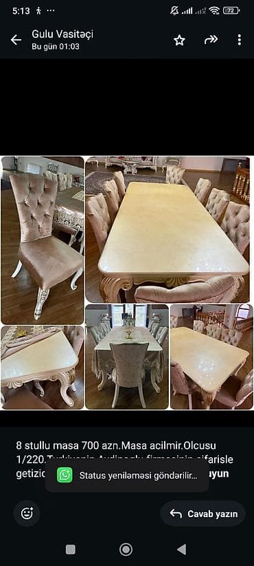 8 stullu masa 700 azn.Masa acilmir.Olcusu 1/220.Turkiyenin Aydinoglu