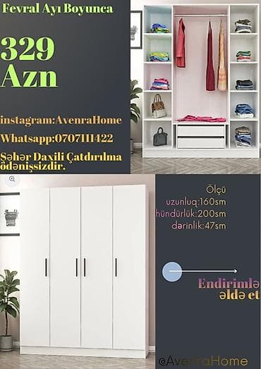 Düz dolab, Yataq otağı üçün, Paltar üçün, Açılan, Korpuslu, 4 qapılı — 2
