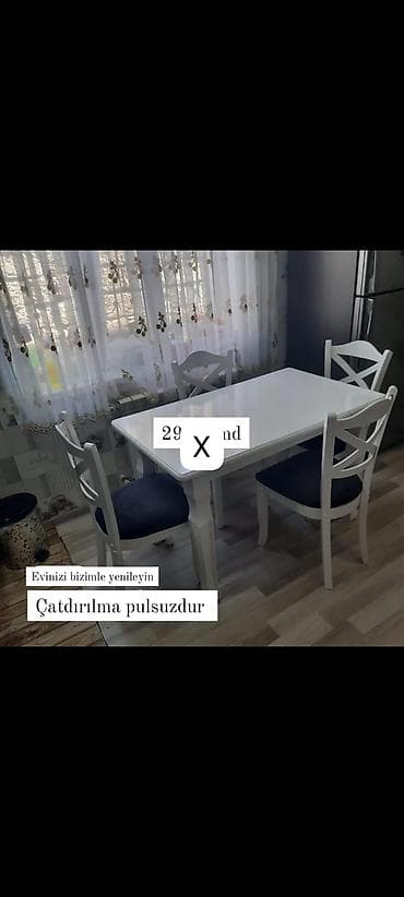 kohnə stul: Ağ rəngli yemək masası dəsti - Dəst: 1 ədəd düzbucaqlı masa + 4 ədəd — 1