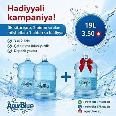 Qida məhsulları: AquaBlue – 19 litrlik içməli sular. 3.50 Azn - Həcmi: 19L, böyük — 2