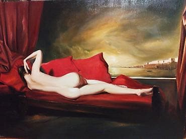 Yağlı boya tablo – “Qırmızı divanda uzanan fiqur” - Texnika: kətan